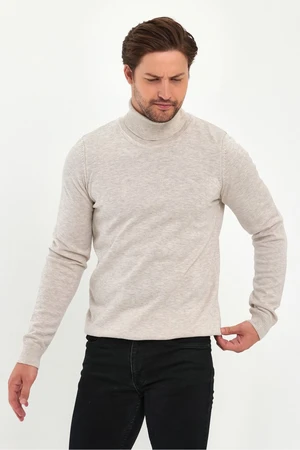 Lafaba Men's Beige Turtleneck Basic Knitwear Sweater