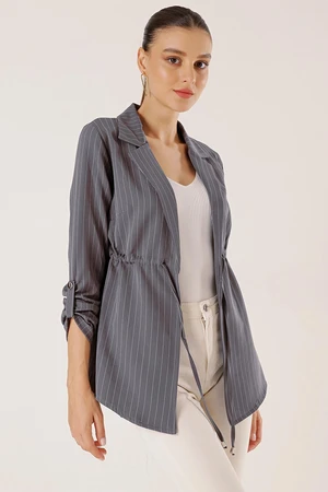 By Saygı Longitudinal Pinstripe Drawstring Waist Coated Sleeves Jacket