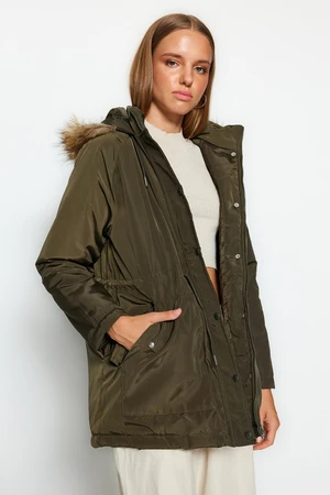 Trendyol Khaki Oversized Fur Hooded Waterproof Parka Down Jacket