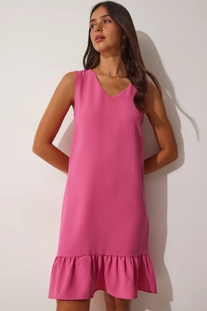 Happiness İstanbul Women's Pink V-Neck Ruffles Summer Woven Dress