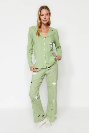 Trendyol Mint 100% Cotton Panda Patterned Shirt-Pants Knitted Pajamas Set