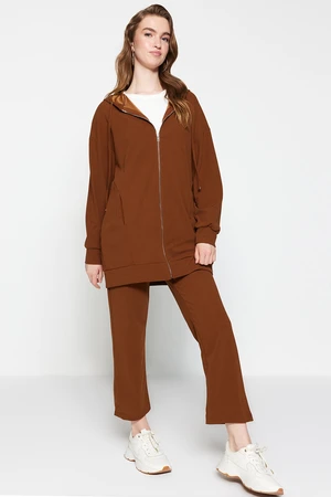 Trendyol Brown Hooded and Zippered Knitted Tracksuit Set