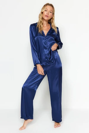 Trendyol Navy Blue Satin Shirt-Pants Weave Pajamas Set