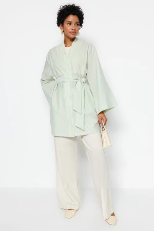 Trendyol Weave See-through Striped Kimono & Kaftan with Mint Belt