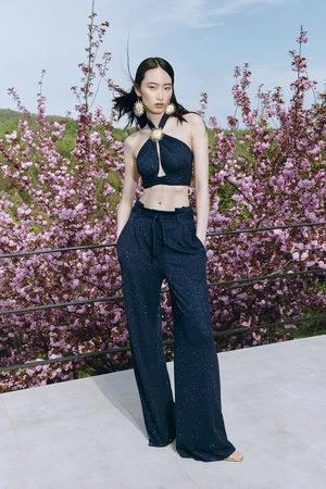 Trendyol X Zeynep Tosun Navy Blue Belted Glittery Knitted Pants