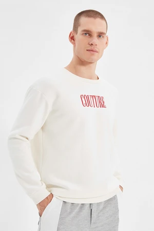 Trendyol Ecru Men's Regular Fit Long Sleeve Crewneck Embroidery Sweatshirt.