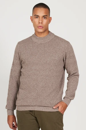 AC&Co / Altınyıldız Classics Men's Brown-Ecru Recycle Standard Fit Normal Cut Half Turtleneck Cotton Jacquard Knitwear Sweater.