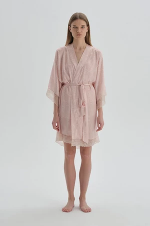 Dagi Dark Pink Patterned Satin Dressing Gown with Lace Detail.