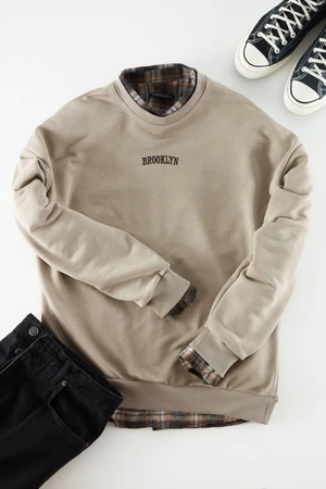 Trendyol Mink Oversize/Wide Cut Brooklyn City Text Embroidered Thick Cotton Sweatshirt