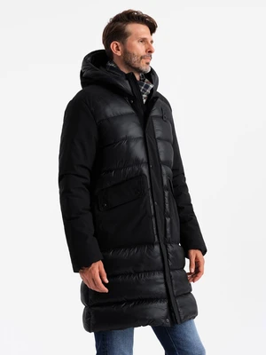 Ombre Men's long quilted jacket with large pockets - black