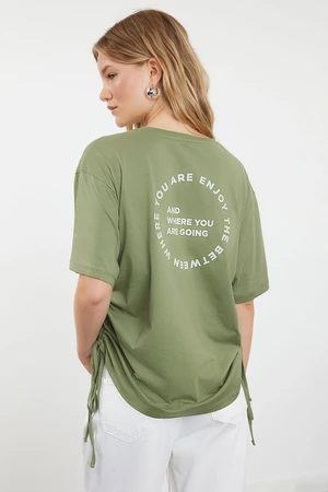 Trendyol Khaki 100% Cotton Back and Front Printed Oversize/Relaxed Cut Knitted T-Shirt