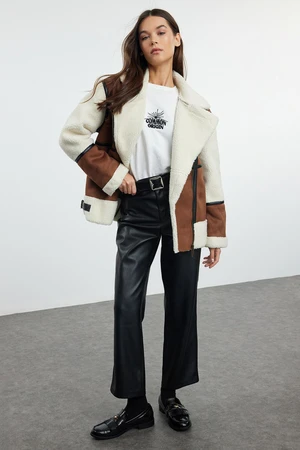 Trendyol Brown Regular Plush Detailed Belted Biker Jacket Coat