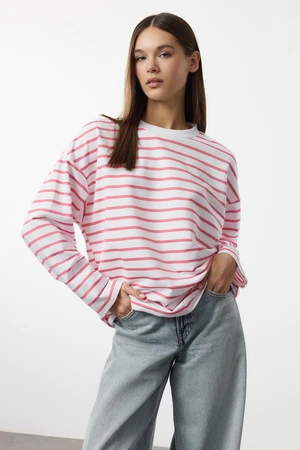 Trendyol Pink Striped Oversize/Wide Cut Crew Neck Thin Knitted Sweatshirt