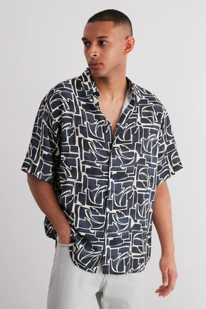 Trendyol Navy Blue Oversize Fit 100% Viscose Patterned Short Sleeve Casual Summer Shirt