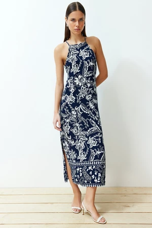 Trendyol Navy Blue Floral Straight Cut Viscose Maxi Woven Dress