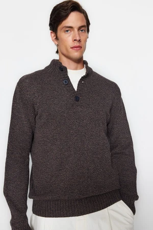 Trendyol Brown Casual Slim Fit Wool Half Turtleneck Buttoned Knitwear Sweater