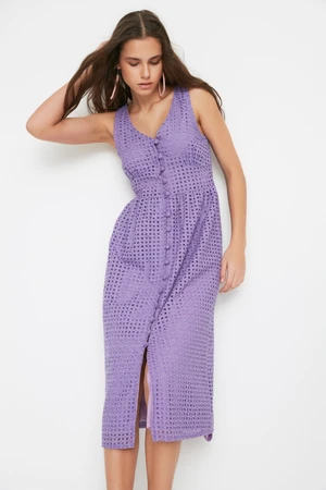 Trendyol Design Purple Buttoned Brode Woven Dress