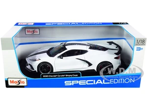 2020 Chevrolet Corvette Stingray C8 Coupe with High Wing White with Black Stripes 1/18 Diecast Model Car by Maisto