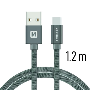 Adatkábel Swissten textil USB-C konnektorral és gyorstöltés támogatással 1,2 m, szürke