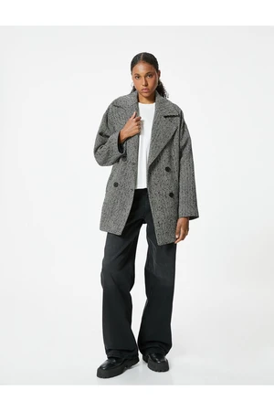 Koton Double Breasted Coat with Buttoned Herringbone Pattern and Pocket Detail