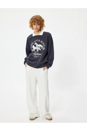 Koton Oversize Polo Neck Sweatshirt College Themed Printed Ribbon