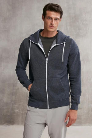 GRIMELANGE Core Men's Zippered High Collar Hooded Drawstring Fleece Inner Navy Blue Sweatshirt