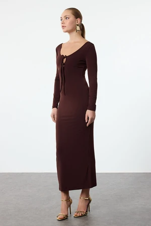 Trendyol Brown Body-Sit Knitted Long Dress with Tie Detail at Chest