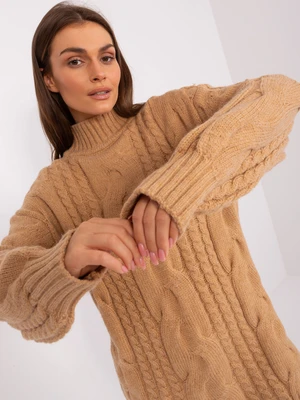 Camel, loose knitted knee-length dress