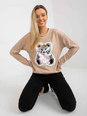 Women's beige classic sweater with sequin appliqué