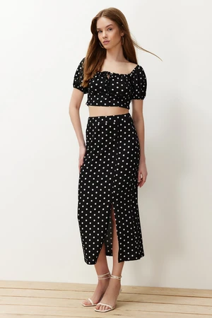 Trendyol Black Polka Dot Carmen Collar Ribbed Flexible Knitted Blouse/Skirt Top-Bottom Set