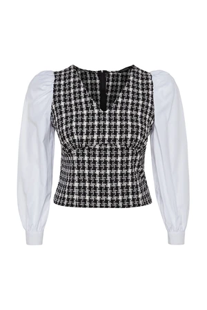 Trendyol Curve White V-Neck Tweed Patterned Long Sleeve Blouse