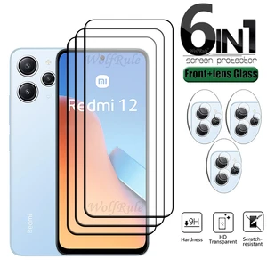 6-in-1 For Redmi 12 Glass Xiaomi Redmi 12 Tempered Glass Full Cover Glue 9H HD Protective Screen Protector Redmi 12 Lens Glass