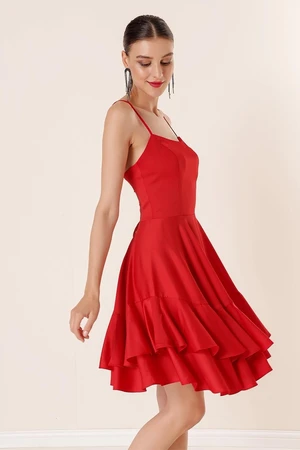 By Saygı Rope Straps, Layered Ruffles Lined Satin Dress Red