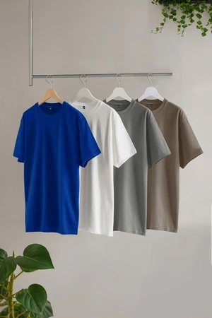 Trendyol Blue-Grey-Mink-Ecru Slim/Slim Cut 4-Piece Basic 100% Cotton T-Shirt