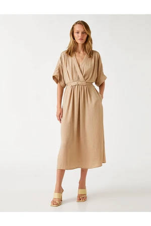 Koton V-Neck Satin-Looking Midi Dress with Pockets