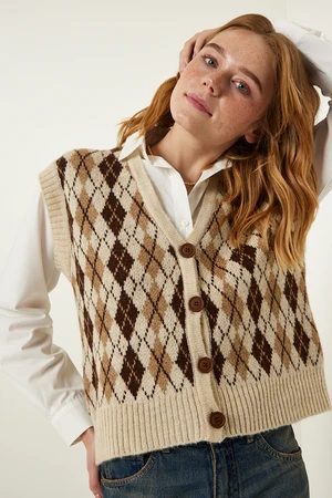 Happiness İstanbul Women's Beige Diamond Patterned Buttoned Sweater Shirt