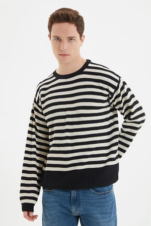 Trendyol Black Casual Oversize Fit Cotton Wide Pattern Crew Neck Striped Knitwear Sweater