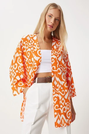 Happiness İstanbul Women's Orange Ecru Patterned Viscose Kimono