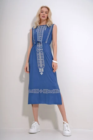 Trend Alaçatı Stili Women's Indigo Embroidery Printed Bohemian Dress