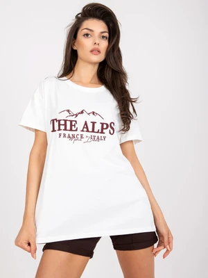 White and brown loose-fitting cotton T-shirt with embroidery