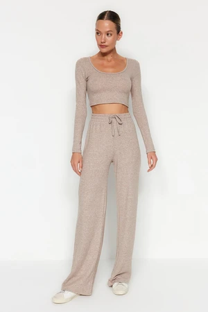 Trendyol Beige Soft Crop and Wide Leg Knitted Top and Bottom Set