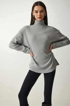 Happiness İstanbul Women's Gray Turtleneck Ribbed Oversize Knitted Blouse