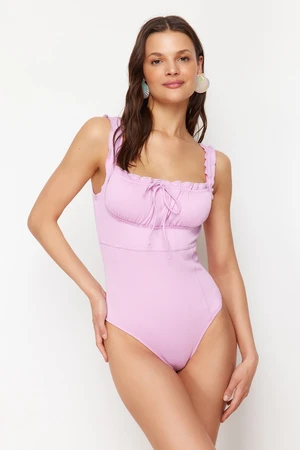 Trendyol Pink Square Collar Ruffled High Leg Regular Swimsuit