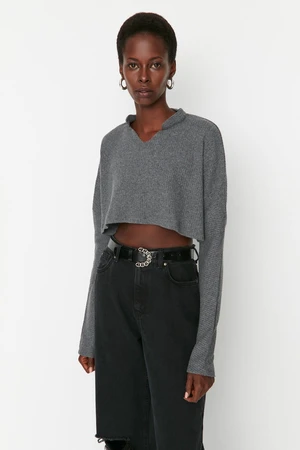 Trendyol Anthracite Super Crop Long Sleeve Knitted Look Knitted Blouse