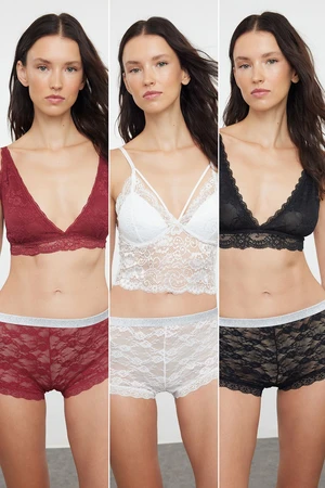 Trendyol Black-White-Burgundy 3-Pack Lace Openwork/Hole Hipster Knitted Panties