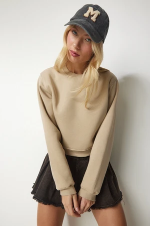 Happiness İstanbul Women's Beige Raised Crop Sweatshirt