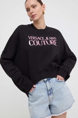 Bavlněná mikina Versace Jeans Couture dámská, černá barva, s kapucí, potiskem, 76HAIG03 CF01G