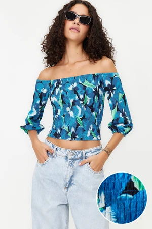 Trendyol Indigo Gipel Carmen Collar Three Quarter Sleeve Crepe/Textured Gipel Knitted Blouse