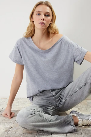 Trendyol Gray Melange Cotton Boyfriend/Wide Cut Boat Neck Knitted T-Shirt