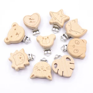 5Pcs/Lot Food Grade Beech Wooden Clip Animal Heart Shape Dummy Clip for Baby Teething Pacifier Chain Holder DIY Accesories